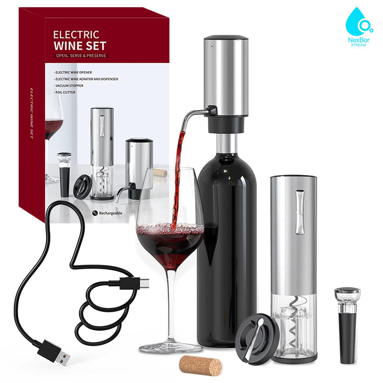 Electric Wine Opener Set 4-In-1 Wine Set with Rechargeable Wine Opener, Rechargeable Wine Aerator Pourer, Foil Cutter, Stopper